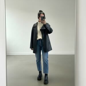 ASOS DESIGN Curve Black Leather Button Collared Lined Mid-Length Jacket US 14